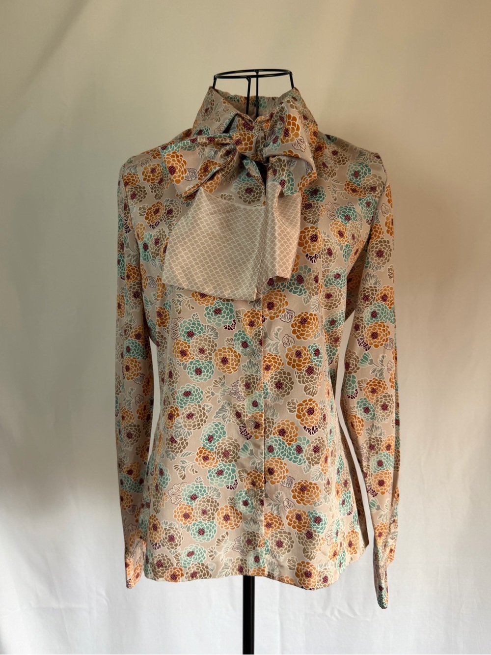 Women's Floral Tie-Bow Blouse in Cream with Multi-Color Print